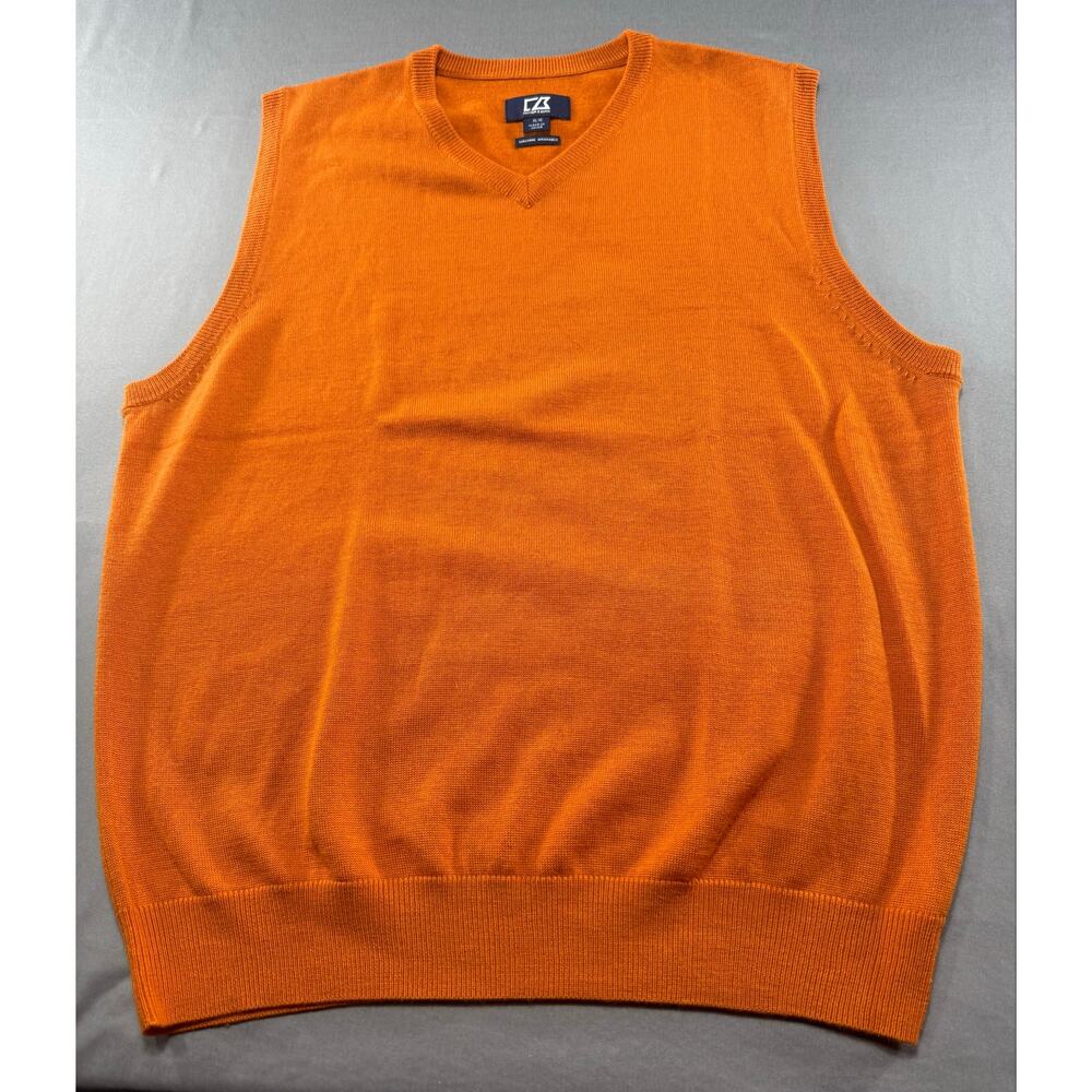 Cutter & Buck Merino Wool Blend Sweater Vest Men’s Medium Orange V-Neck Golf